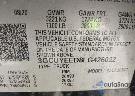 2020 Chevrolet Silverado 1500 4Wd Short Bed Rst z USA, uszkodzony, nr VIN 3GCUYEED8LG426022